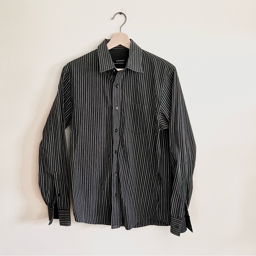 Club Monaco Men Black White Stripes Cotton Long Sleeve Button Up Shirt Size S